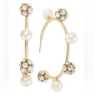 NWT Large Pave Fireball & Imitation Pearl C-Hoop Earrings